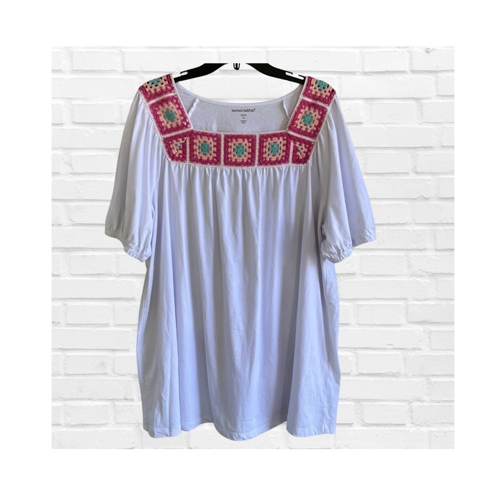 Woman Within White Tunic Top Pink Green Crochet Granny Squares Size 1X Peasant